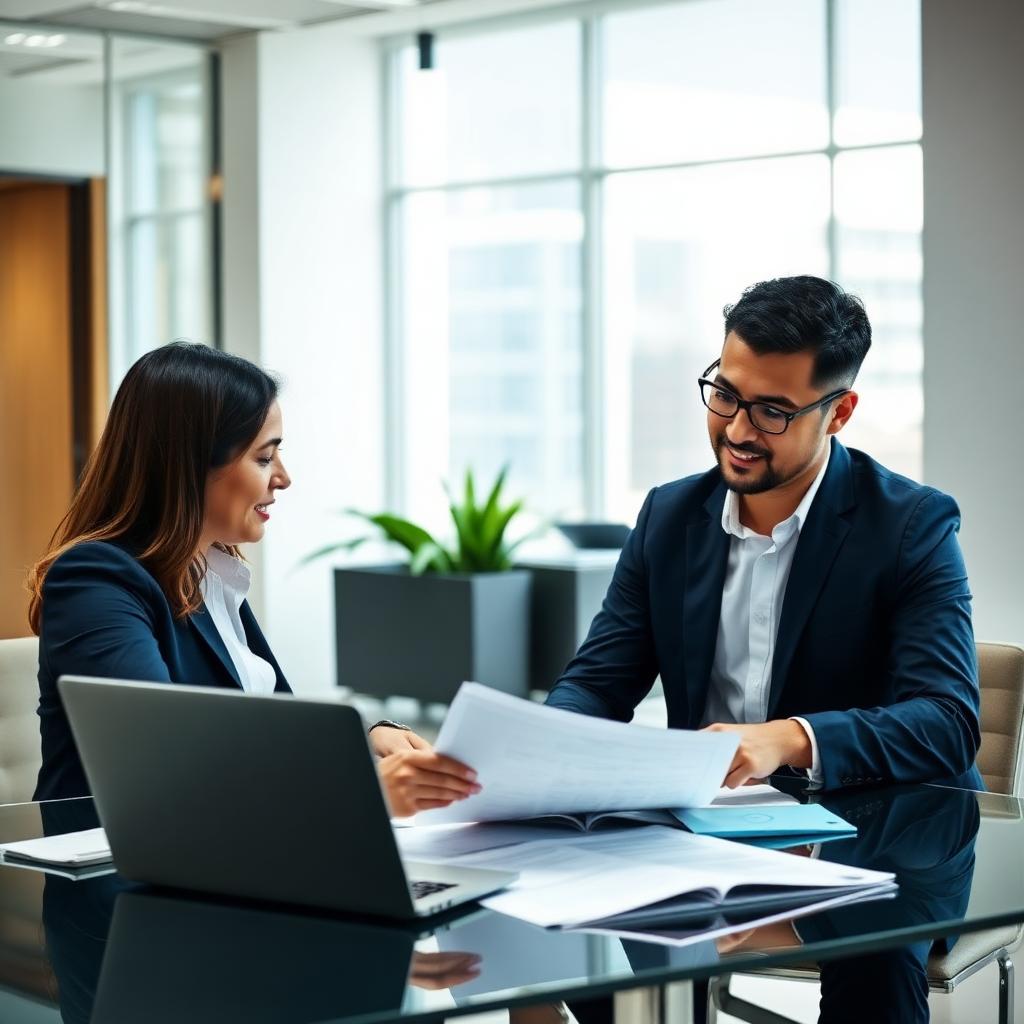 Two Singapore SME owners discussing business financing over documents and a laptop