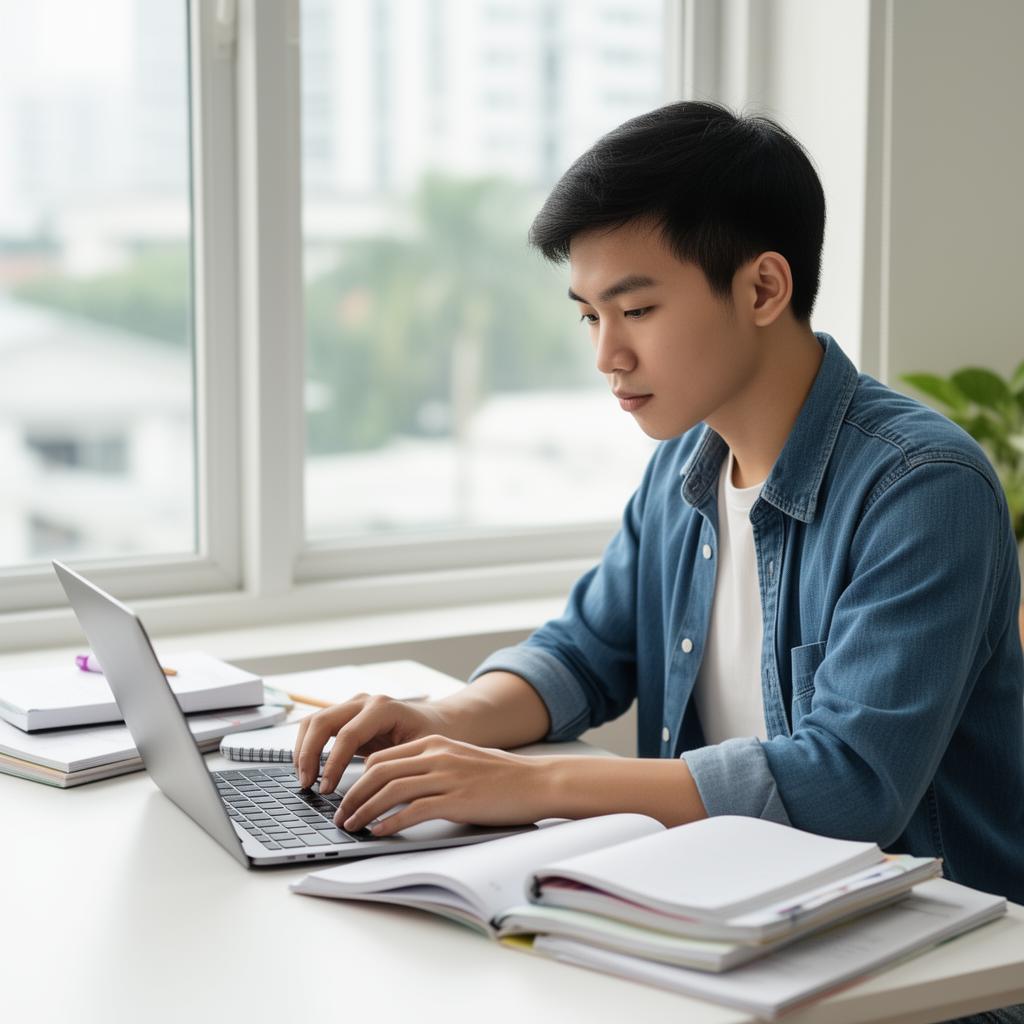 Young adult studying with a laptop and notebooks at a bright desk in Singapore