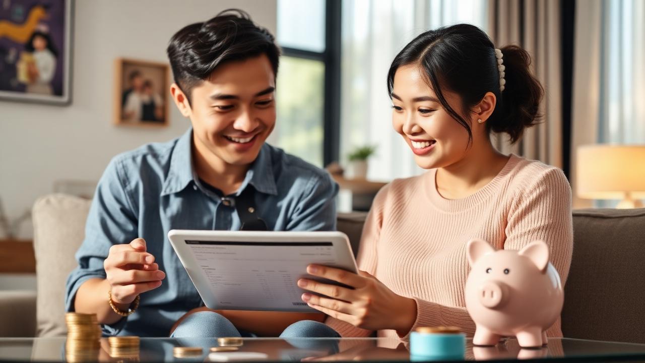Young Singaporean couple smiling while reviewing a household budget and savings plan at home