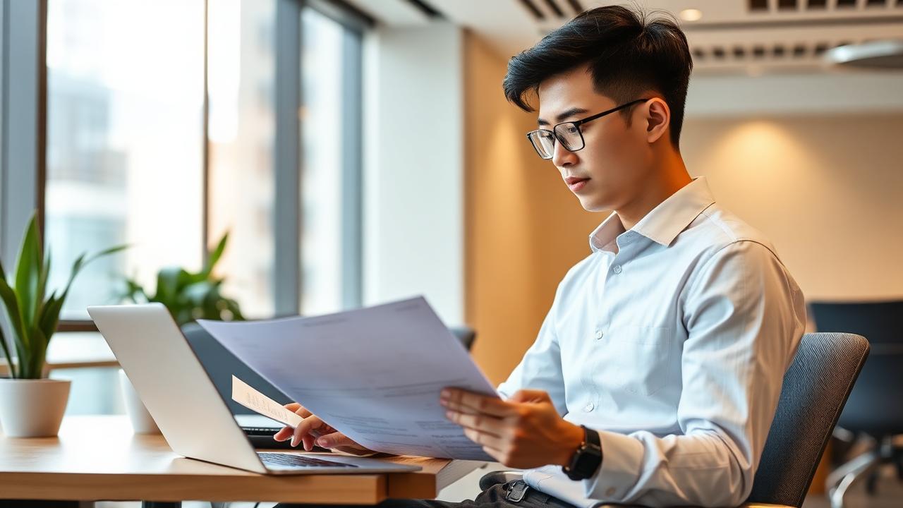 Young foreign professional reviewing financial documents and laptop in a modern Singapore office space