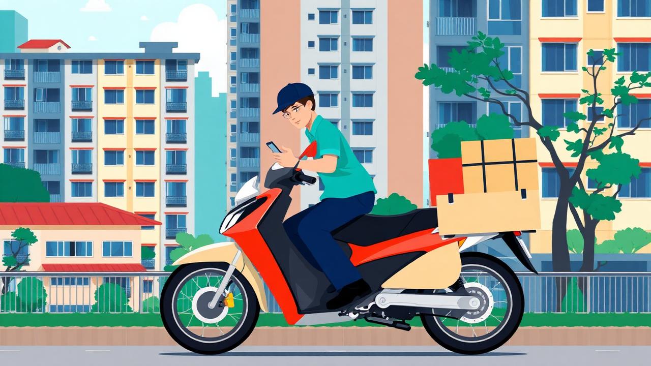 Gig economy delivery rider in Singapore checking a platform app beside a motorbike with a delivery box
