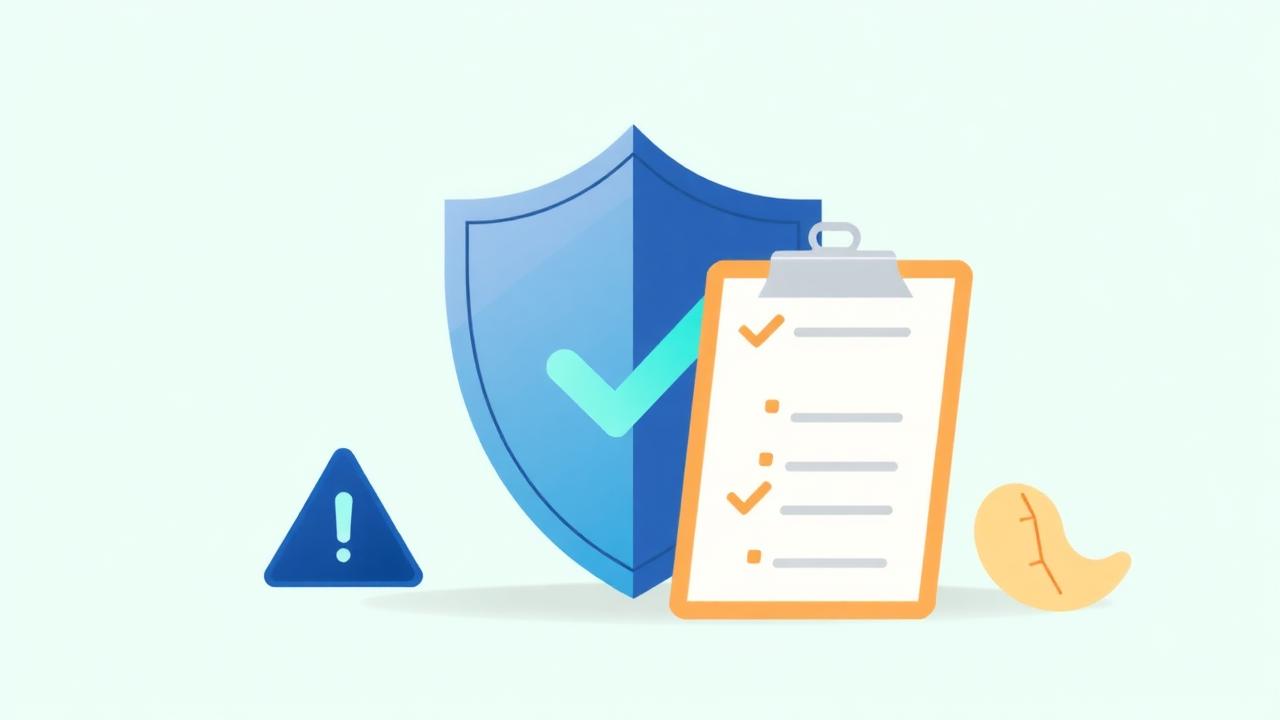 Illustration of a protective shield with a checkmark beside a warning triangle and a checklist, symbolising safe borrowing