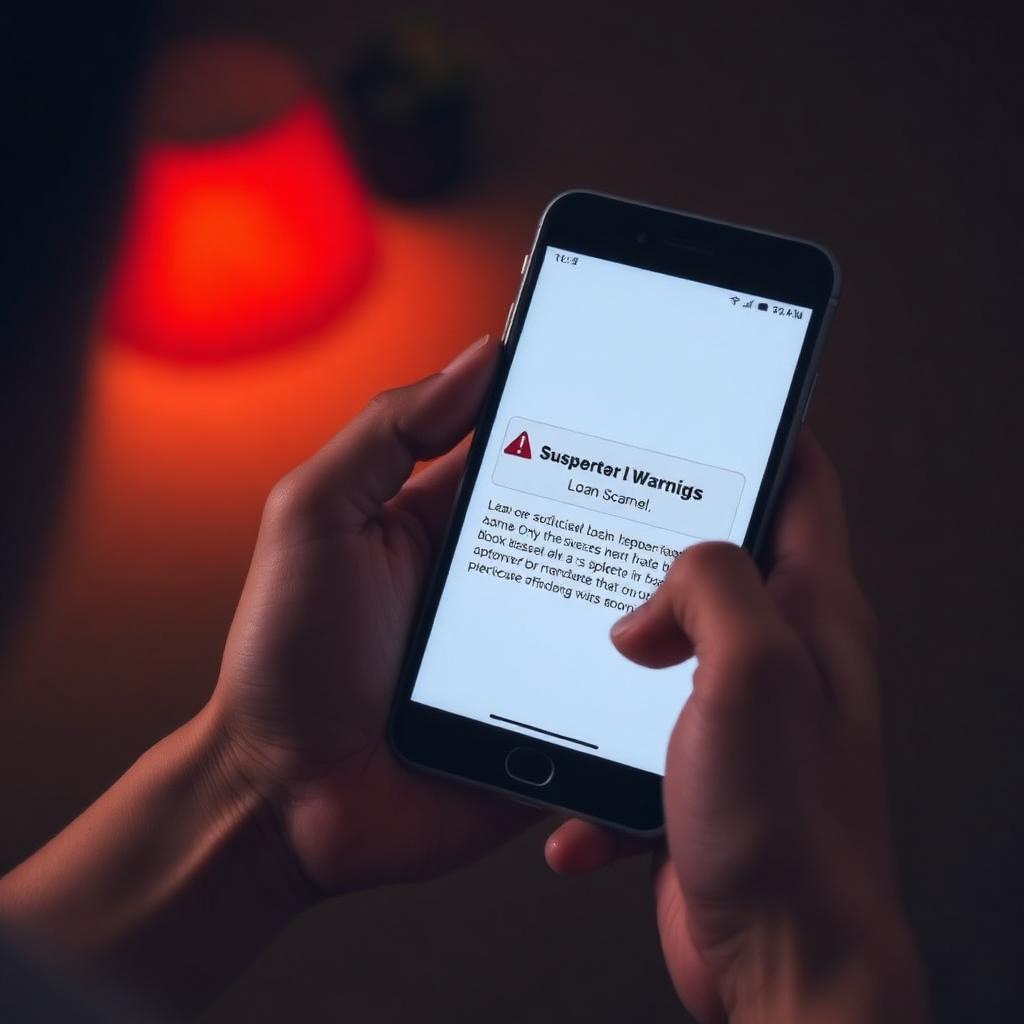 Person holding a smartphone showing a suspicious loan message at night