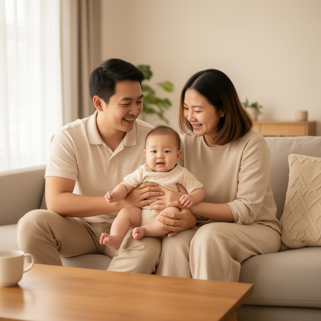 Warm lifestyle scene of a young family with a baby at home in Singapore