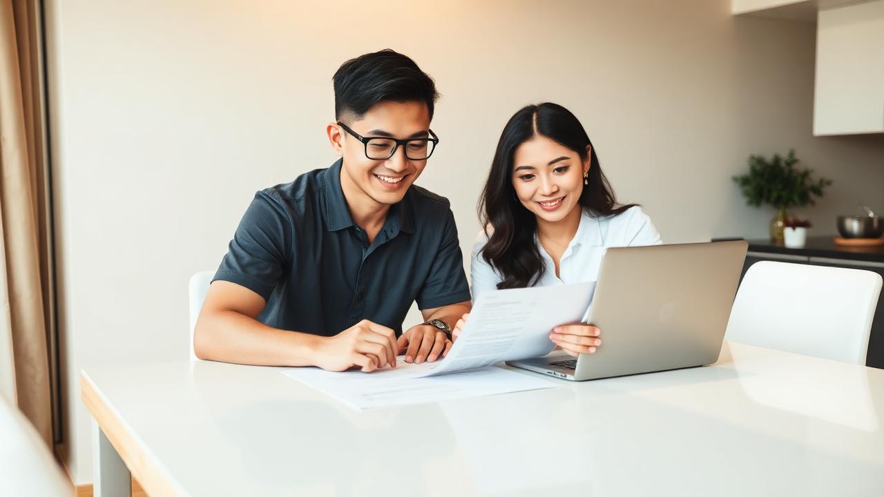 Young Singaporean couple comparing personal loan options on a laptop and documents at their home dining table