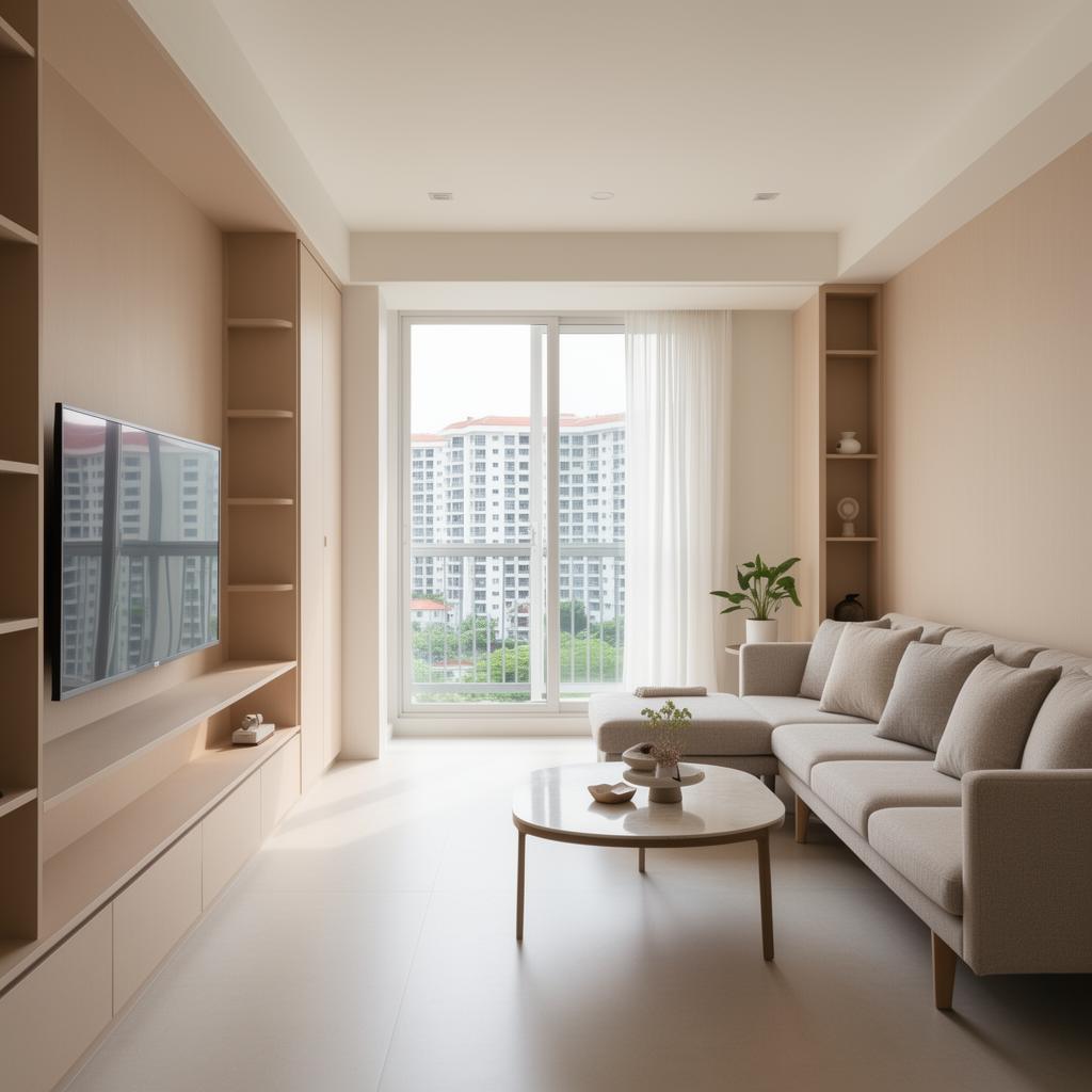 Bright, newly renovated Singapore condo living room with custom carpentry and natural light