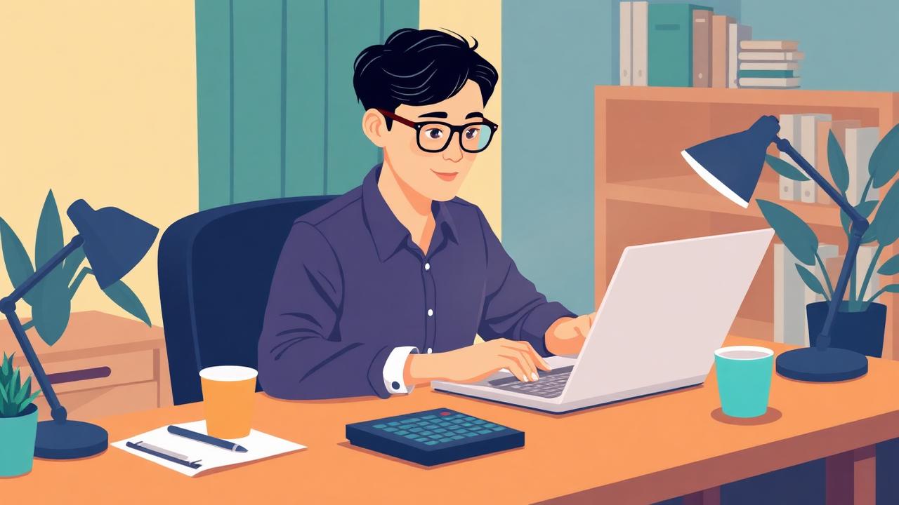 Self-employed Singaporean freelancer working on a laptop with invoices and a calculator at a home desk
